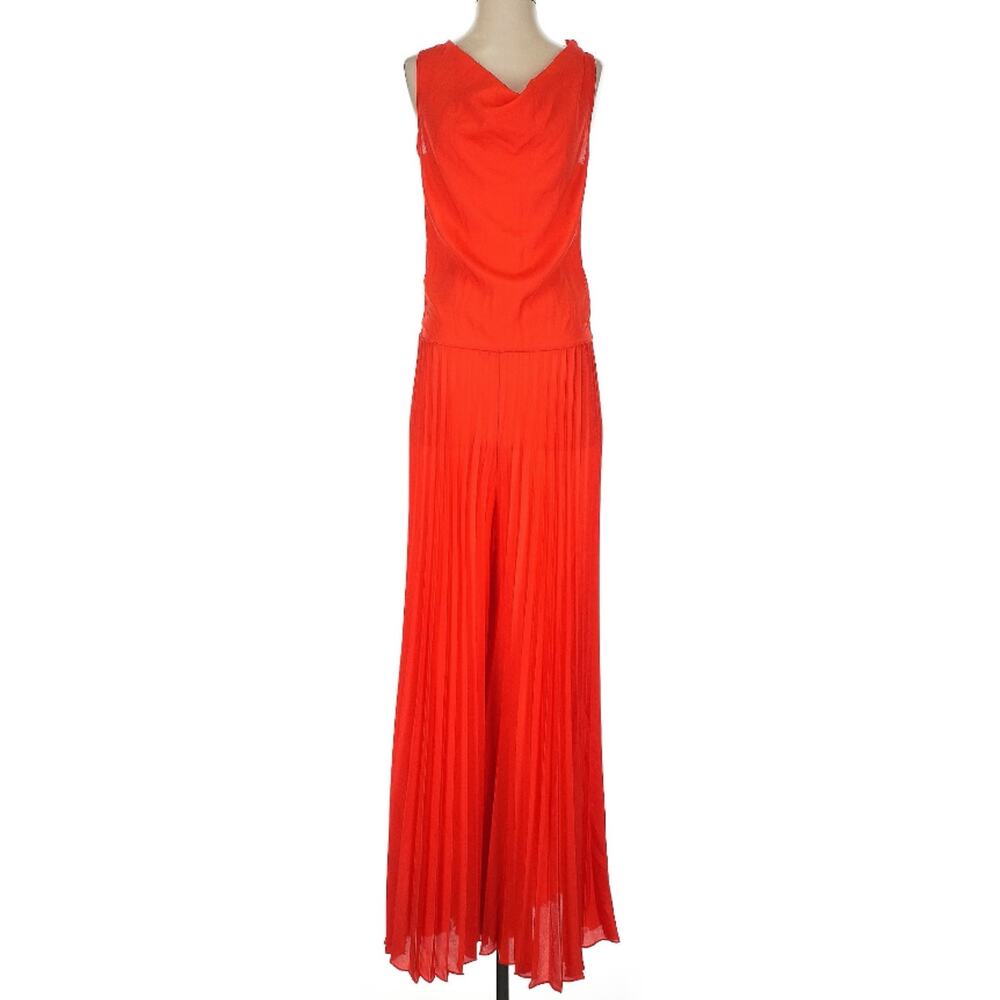 Vintage Arden B Y2K Red Pleated Wide Leg Drape Neck Chiffon Jumpsuit XS